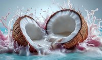 Fresh coconut halves with explosive milk splash and dynamic motion on blue background, creating dramatic effect with pink accents and liquid movement.
