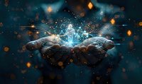 Hands holding glowing digital brain with neural network connections and light particles in futuristic technology concept for artificial intelligence applications.
