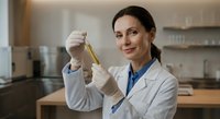 Female scientist in white lab coat holding test tube with yellow liquid sample in modern laboratory for research and analysis.