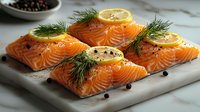 Raw salmon fillets seasoned with fresh dill, lemon slices, and peppercorns on marble cutting board, ready for cooking. Fresh seafood preparation for healthy meal.