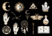 Mystical occult symbols collection isolated on transparent background, featuring moon, sun, eye, crystals, hands, moth, dreamcatcher, potion bottle, pentagram, wand and grimoire. Ready for t-shirt design, stickers, clipart and print-on-demand projects.