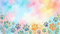 Watercolor paw prints in rainbow colors with botanical leaves on soft pastel background, suitable for pet-related designs, greeting cards, and children's illustrations.