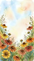Watercolor wildflower border with yellow and orange daisy blooms, green stems, and soft pastel sky background with copy space for text.