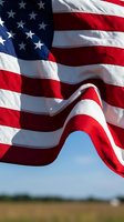 Waving flag against blue sky with red white and blue stripes and stars flowing in breeze on sunny day for patriotic celebrations and national holidays.