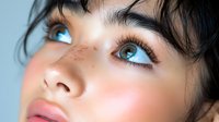Young Hispanic woman with freckles, bright blue eyes and natural makeup looking up. Close-up beauty portrait showing flawless skin, rosy cheeks and long eyelashes.