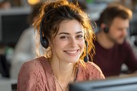 Young Caucasian female customer service representative with headset smiling while working in call center office environment with colleagues in background.