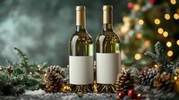 White wine bottles with blank labels surrounded by pine cones, evergreen branches and holiday lights creating festive winter atmosphere for seasonal marketing.