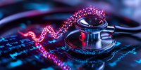 Medical stethoscope on digital screen with glowing red heartbeat line, modern healthcare technology monitoring in dark blue tones.