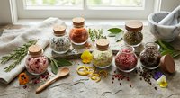 Assorted spices and herbs in glass jars with wooden lids arranged on kitchen counter with natural lighting for culinary cooking and food preparation.