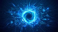 Futuristic blue digital vortex with glowing circuit patterns and technological elements on dark background for cyber security and AI concepts.