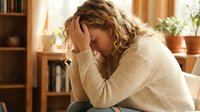 Stressed young Caucasian woman with curly blonde hair holding head in hands showing mental health struggles and emotional exhaustion in cozy home interior.