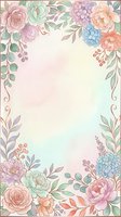 Soft watercolor floral border frame with pastel roses, peonies, and hydrangeas on a dreamy gradient background for cards and invitations.