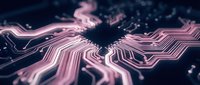 Abstract pink circuit board pattern with glowing electronic pathways on dark background for technology and digital design projects.