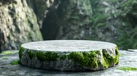 Natural stone podium covered with green moss in forest environment, round display platform for product photography against blurred woodland background.