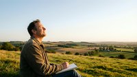 Middle-aged Caucasian man in brown jacket sitting peacefully on grassy hill overlooking rural countryside landscape at golden hour sunset with rolling fields.