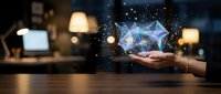 Hands holding glowing geometric network structure with connected nodes and sparkles in modern office environment for technology and innovation concepts.