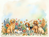 Adorable watercolor dog breeds sitting together with floral border elements and hearts on soft pastel background for pet lover designs.