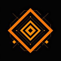 Abstract geometric orange diamond shape on black background with concentric squares and decorative linear elements.