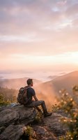 Male hiker with backpack sitting on rocky mountain overlook at sunrise, gazing at misty valley landscape below with golden light filtering through clouds.