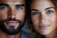 Close-up portrait of attractive young couple with striking blue eyes and natural makeup looking at camera with warm intimate expression for lifestyle content.