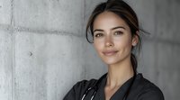 Young female medical professional in black scrubs with stethoscope smiling confidently against concrete wall background, representing healthcare and medical career success.