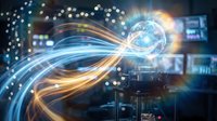 Futuristic quantum computing machine emitting glowing energy streams and a luminous data sphere in a high-tech laboratory environment.