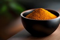 Ground turmeric powder in black ceramic bowl on wooden surface with dramatic lighting and selective focus, vibrant orange spice for cooking and wellness.