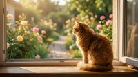 Orange tabby cat sitting on wooden windowsill looking out at blooming garden with soft morning sunlight streaming through open window creating peaceful home atmosphere.