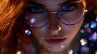 Young woman with bright blue eyes wearing round glasses and red hair in dramatic lighting with bokeh sparkles and glowing magical effects in dark atmosphere.