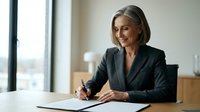 Professional mature businesswoman with blonde hair writing documents at modern office desk, corporate executive signing contracts in bright workplace.