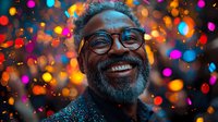 Mature African American man with gray beard and glasses smiling genuinely against vibrant bokeh lights background creating festive, joyful atmosphere.
