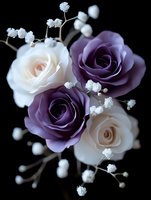Elegant arrangement of purple and white roses with delicate baby's breath against black background, creating romantic wedding and special occasion design.