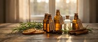 Essential oils in amber glass bottles with fresh herbs and dried citrus on rustic wooden table. Natural aromatherapy and wellness concept for spa treatments.