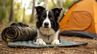 Border Collie dog lying on camping mat near sleeping bag and orange tent in forest. Outdoor adventure and pet travel concept for camping lifestyle.