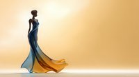 Silhouette of elegant woman in flowing blue and gold gown against warm golden background, showcasing grace and fashion design.