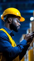 African American construction worker using smartphone in industrial warehouse wearing yellow hard hat and safety vest for project management.