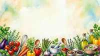 Watercolor illustration of fresh vegetables, herbs, cooking utensils, and ingredients arranged on white background for culinary, recipe, and food preparation design projects.