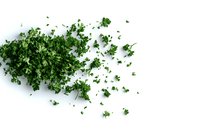 Fresh green parsley leaves scattered on white background, isolated herb spice ingredient for cooking and garnish. Natural organic culinary seasoning.