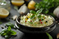 Fresh fettuccine pasta in black ceramic bowl garnished with basil leaves, pink peppercorns and parmesan cheese on dark background with herbs and lemon.