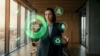 Professional businesswoman interacting with holographic sustainability icons in modern office environment promoting eco-friendly corporate practices.