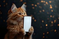 Adorable orange Maine Coon kitten holding blank white smartphone screen with paws against dark background with golden bokeh lights for mockup design.