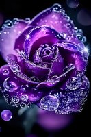 Purple rose with sparkling water drops and bokeh effects creating magical atmosphere against dark background. Petals covered in crystalline dewdrops catch light dramatically.