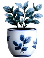 Watercolor potted plant with blue leaves in white ceramic pot decorated with matching leaf pattern on isolated background. Suitable for botanical decor art.