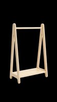 Wooden clothing rack with natural finish, featuring angled legs, horizontal top bar, and lower shelf. Isolated on transparent background, ready for t-shirt design, clipart, stickers, print-on-demand, and sublimation projects.