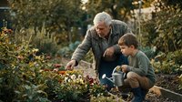 Senior Caucasian grandfather teaching young boy grandson gardening skills while tending to flower beds together in sunny backyard garden during autumn season.