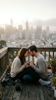 Couple sitting on wooden deck overlooking misty cityscape, holding hands in intimate moment. Urban rooftop setting with potted plants, romantic atmosphere for engagement, relationship, and lifestyle content.
