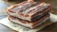 Fresh raw pork belly slices with layers of meat and fat stacked on vintage paper, close-up view showing marbling texture and natural pattern.