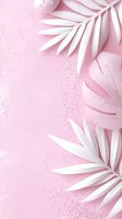White paper tropical leaves on soft pink background with water drops and glitter. Minimal floral border design for wedding invitations and feminine branding.