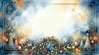 Festive holiday frame with golden stars, snowflakes, and evergreen garland on blue background. Suitable for seasonal greeting cards, invitations, and holiday marketing materials.