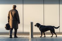 Middle-aged Caucasian man in brown coat standing with black Labrador dog on urban sidewalk during morning commute, minimalist architectural background.